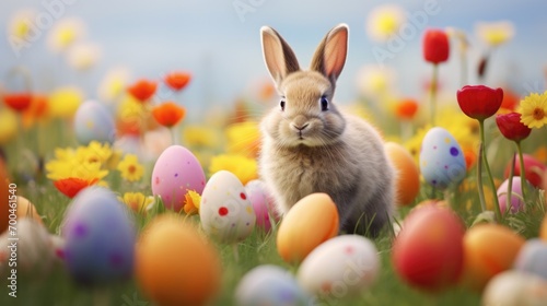 Adorable Bunny With Easter Eggs In Flowery Meadow  © Fly Frames