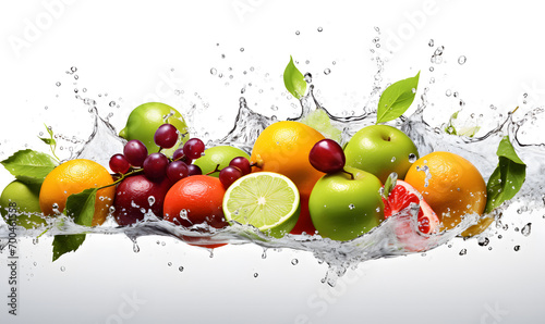 Fruit and vegetables in water on white background being washed before becoming healthy food