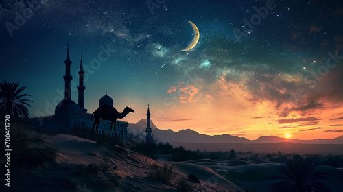 Mosque Islamic, camel, crescent shiny, desert background.