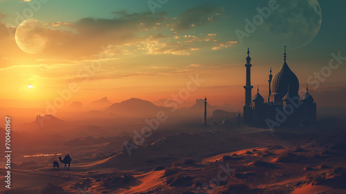 Mosque Islamic, camel, crescent shiny, desert background.