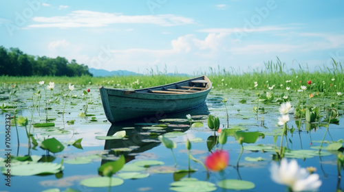 Endless lotus pond, a small boat, blue sky, super wide-angle shooting, natural light, real lighting effect, fine details of objects, advanced environment rendering, high-quality shooting, Generate AI.