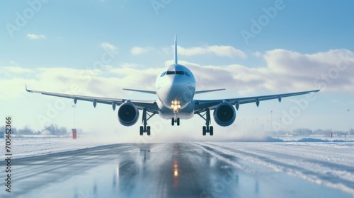 Airplane fly up over take-off runway the snow-covered airport