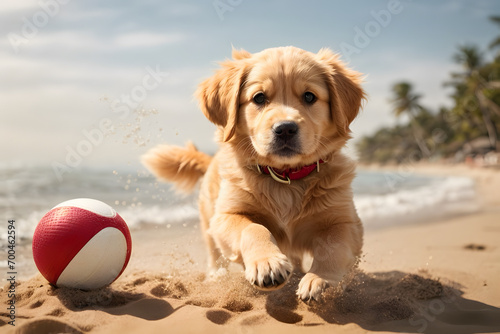 A joyful dog playing happily with a ball at the beach © AungThurein