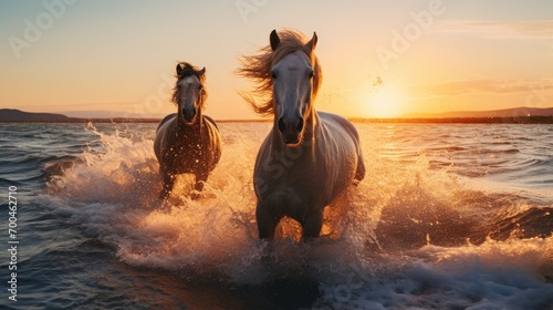 Beautiful horses running in sunny ocean at sunrise