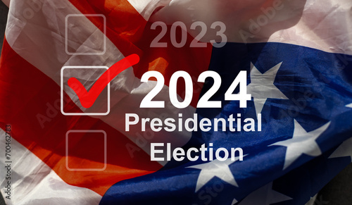 2024 presidential election year in United States as illustration template on blue background wall with reflection. photo