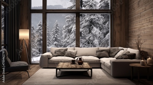 Beautiful living room with a wooden walls, winter outdoor environment © Fly Frames