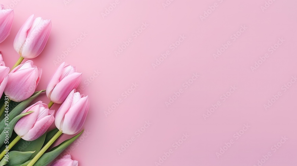 Beautiful tulips on pink background, top view, frame, border, copy space for text Beautiful tulips on pink background, top view, frame, border, copy space for text
