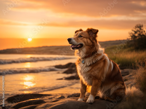 A happy dog at the beach at sunset © AungThurein
