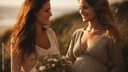 two women in the sunset, Two contented women performing warm-up routines Unidentified young woman stroking the pregnant bel of her surrogate on the beach
 photo