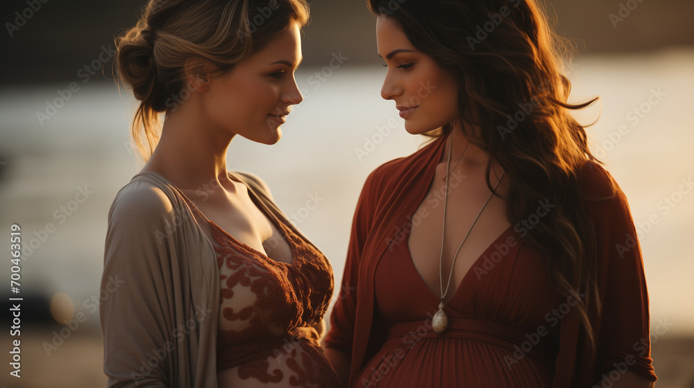 Two contented women performing warm-up routines Unidentified young woman stroking the pregnant bel of her surrogate on the beach
