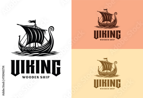 Vintage Traditional Longboat Viking War Ship Drakkar, Ancient Nordic Longship Battle Boat on Ocean Wave Silhouette Illustration Logo design