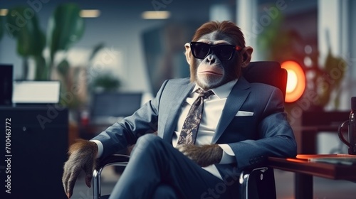 Businessman monkey sitting at office with eyglasess 