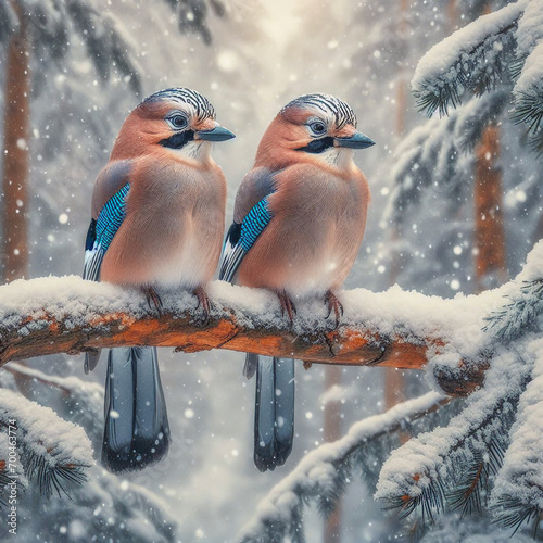 Two jay birds sitting on a branch in a snowy forest © Irina