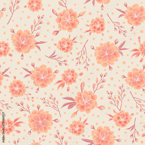 peach fuzz floral print. peach blossom seamless pattern. vintage cherry blossom botanical flowers. good for fabric  fashion design  kimono  summer dress  textile  pajama  wallpaper  background.