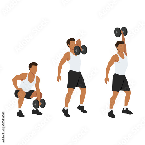Man doing one arm dumbbell snatch exercise. Flat vector illustration isolated on white background