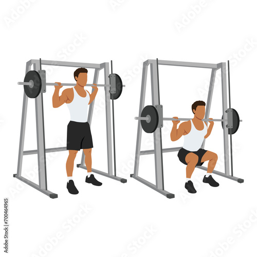 Man doing smith machine barbell squat exercise. Flat vector illustration isolated on white background photo