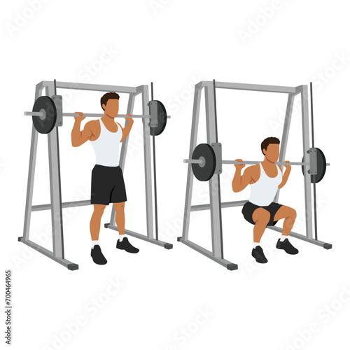 Man doing smith machine barbell squat exercise. Flat vector illustration isolated on white background