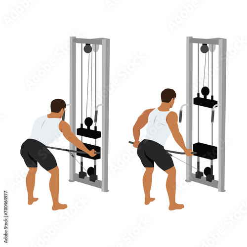 Man doing standing bent over wide reverse grip cable row exercise. Flat vector illustration isolated on white background