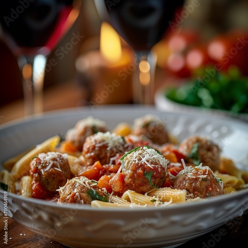 Classic Comfort: A Delightful Plate of Penne and Tender Meatballs Smothered in Rich Bolognese Sauce, Served with Warm Focaccia Bread