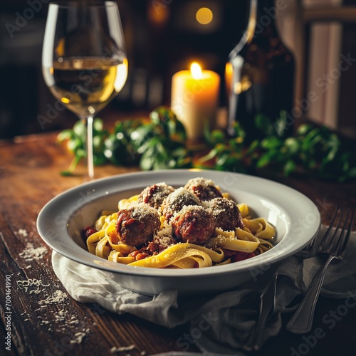 Gourmet Delight: Penne Rigate Paired with Herb-Infused Meatballs, Drizzled in a Velvety Tomato Sauce, and a Side of Garlic-Infused Olive Oil Bread
