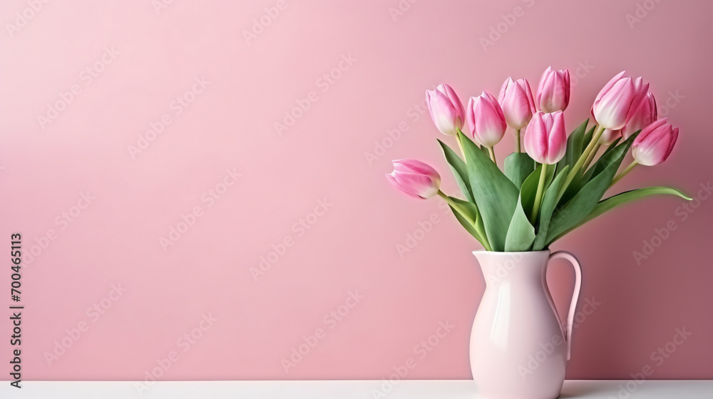 Pink Tulips in vase - obrazy, fototapety, plakaty 