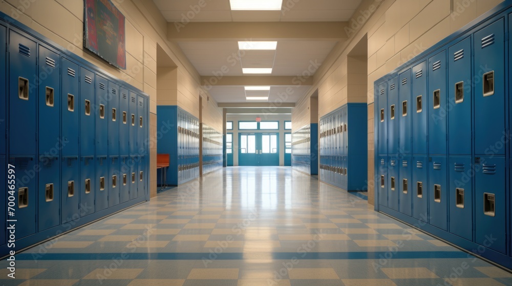 Fototapeta Empty school hallway with royal blue metal lockers along both sides of the hallway
