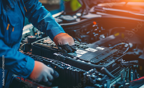 Hands in gloves of expert technicain electric car, EV car Lithium-ion car battery.