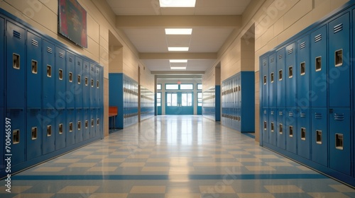 Empty school hallway with royal blue metal lockers along both sides of the hallway