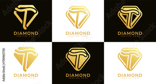 Set of diamond logos with initial letter T. These logos combine letters and rounded diamond shapes using gold gradation colors. Suitable for diamond shops, e-commerce