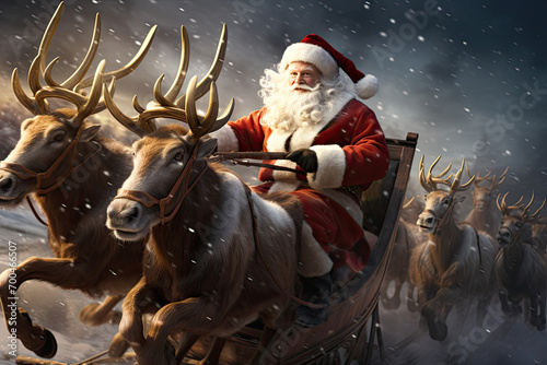 Santa Claus, Father Christmas, Saint Nicholas, Saint Nick, Kris Kringle, in red suit and hat, on a reindeer sleigh, Rudolph, Dasher, Dancer, Prancer, Vixen, Comet, Cupid, Dunder, Blixem, delivering photo