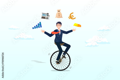 Smart businessman investor juggling finance asset, real estate, currency, gold, saving and stock market graph riding unicycle one wheel, financial advisor, professional investment expertise (Vector)