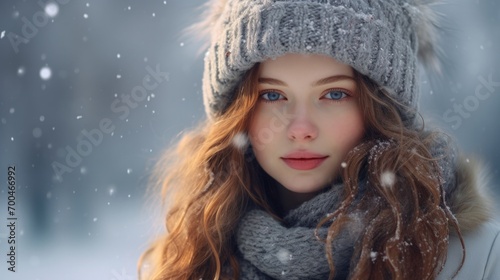 Frozen young woman in winter clothes