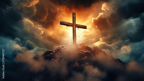 The Holy Cross, symbolizing the death and resurrection of Jesus Christ, with the sky above Golgotha shrouded in light and clouds. Easter.