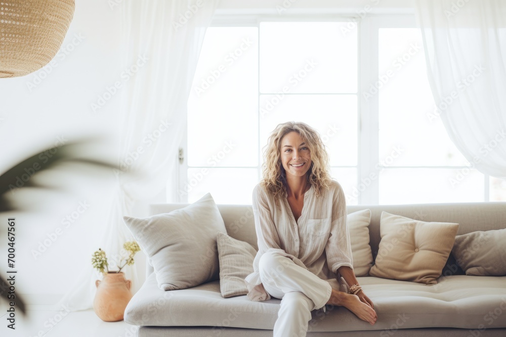 Middle aged woman in living room. Middle aged woman in living room.