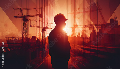 Silhouette construction engineer in the process of checking the construction site for the early morning jobs with lens flare light effect photo