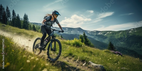 Mountain biking woman riding on bike in summer mountains forest landscape. © kardaska