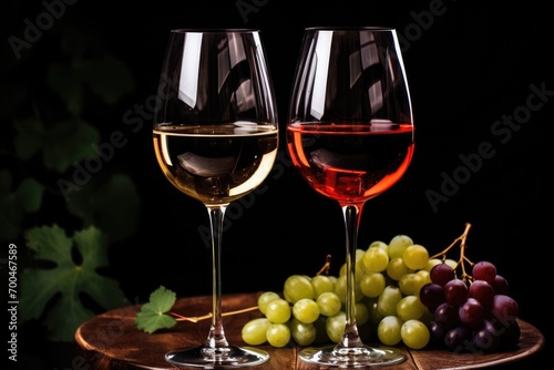 Red and white wine. A glass of red and white wine with grapes on table.