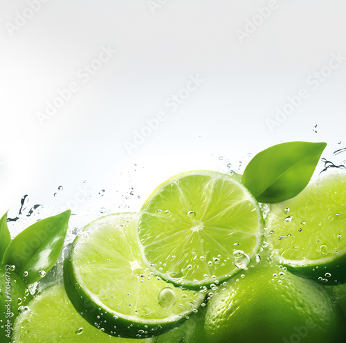 limes splashed with water on white background