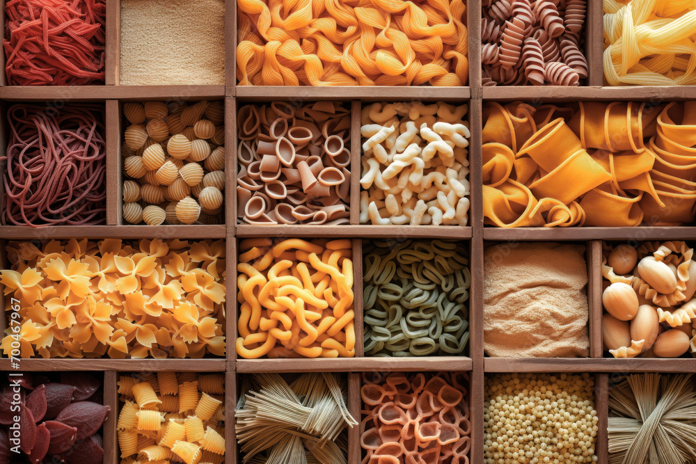layout of Italian raw pasta, top view, different types and shapes of pasta, durum wheat noodles, close-up. - obrazy, fototapety, plakaty 