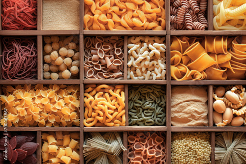 layout of Italian raw pasta, top view, different types and shapes of pasta, durum wheat noodles, close-up. photo