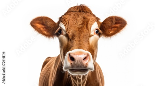 Head and shoulders close up portrait of a friendly cow isolated on a white background © Fly Frames
