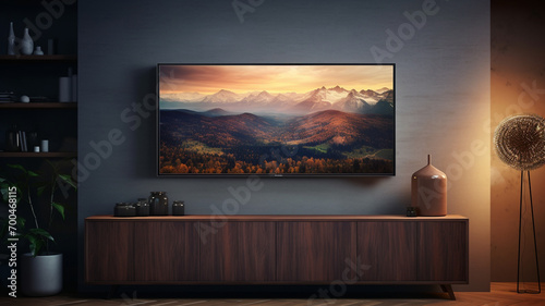 a big smart tv in a darkened room. © Samvel