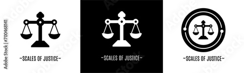 Scales of justice logo set. Collection of black and white logos. Stock vector.