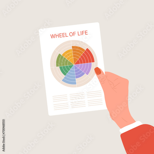 The Wheel of life. Woman analysis her needs. Female hand holds sheet with circle diagram of life balance. Well-being concept. Vector illustration in cartoon style.