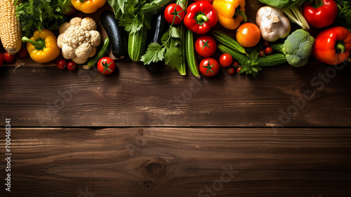 Top view of fresh vegetable and salad bowls on kitchen wooden worktop promoting healthy eating