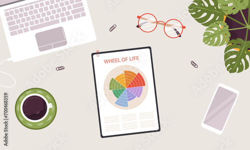 The Wheel of life. People analysis their needs. Circle diagram of life balance. Top view workplace. Well-being concept. Vector illustration in cartoon style.