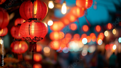A bokeh-filled image of a night market adorned with red lanterns, creating a dreamy and atmospheric background that emphasizes the festive spirit of the occasion.