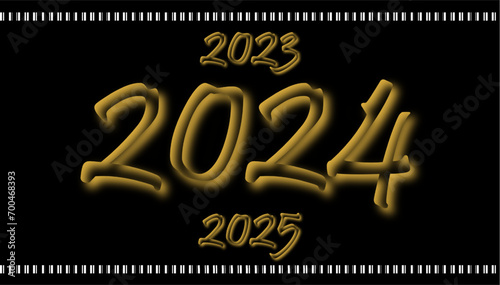 A timeline view of new year 2024 and earlier and future years isolated on a black background 