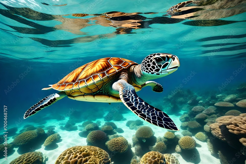 Digital art of a sea turtle swimming in the ocean, in front of a tropical island in summer. This artwork is inspired by the beauty of the tropical ocean and marine life - obrazy, fototapety, plakaty 