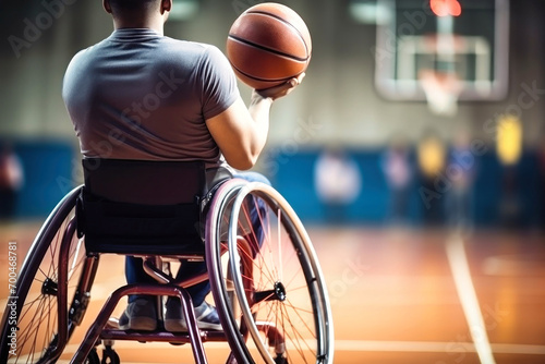 Disabled man in a wheelchair with a basketball. Basketball court. Sports for people with disabilities. Active life. © Anoo